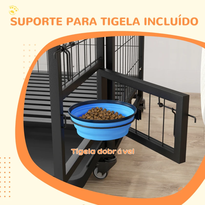 PawHut Gaiola para Cães com Parte Superior Rebatível Suporte de Tigelas Bandeja Amovível Rodas e Porta Dupla 92x62x73 cm Preto