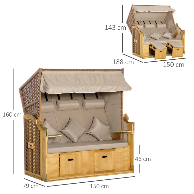 Outsunny strandstoel 3-zits ligbed met dak 2 klaptafels voetenbank chaise longue 5-traps rugleuning XXL polyrotan naturel 150 x 79 x 160 cm