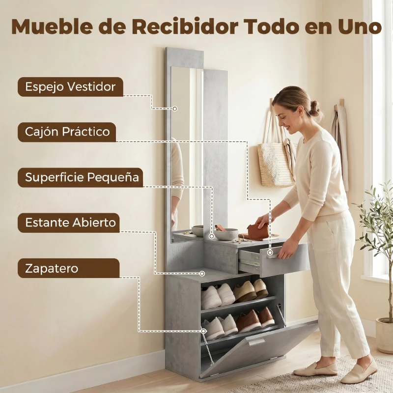 HOMCOM Recibidor de Entrada con Espejo Zapatero Abatible Cajón Mesa Pequeña 61x30x170 cm Gris