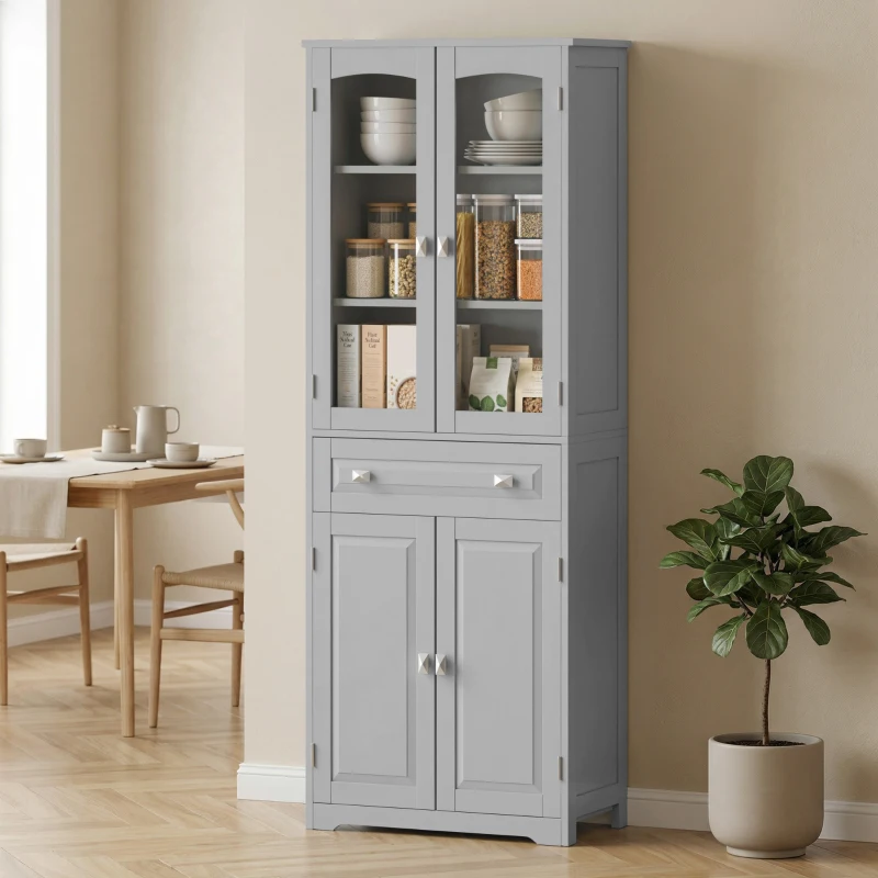 HOMCOM Freestanding Kitchen Cupboard, Storage Cabinet with 2 Adjustable Shelves, Drawer and Glass Door for Living Room, Grey