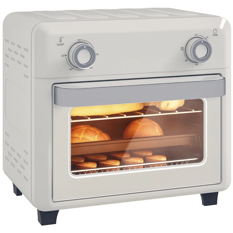 HOMCOM mini-oven met hetelucht, 10 liter airfryer, compacte oven met 60-minuten timer en binnenverlichting, 80-230℃, 3 insteekniveaus, vaatwasserbestendig accessoire, 1000W, crème wit(m-11)