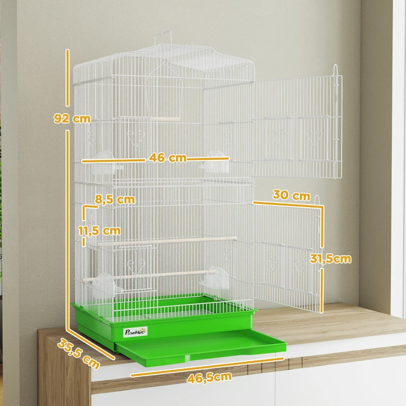 PawHut Gaiola para Pássaros Pajarera de Metal com 4 Comedouros 3 Poleiros Baloiço e Bandeja Removível Alça 46,5x35,5x92 cm Verde