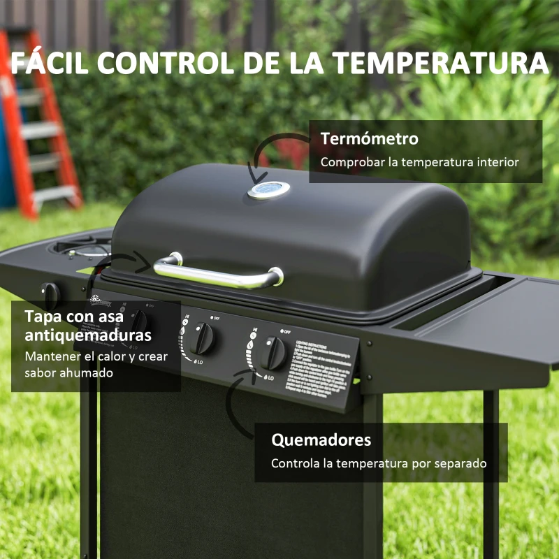 Outsunny Barbacoa de Gas con 3 Quemadores Quemador Lateral Tapa con Termómetro Parrilla y Mesa Lateral Ruedas 108x54x97 cm Negro