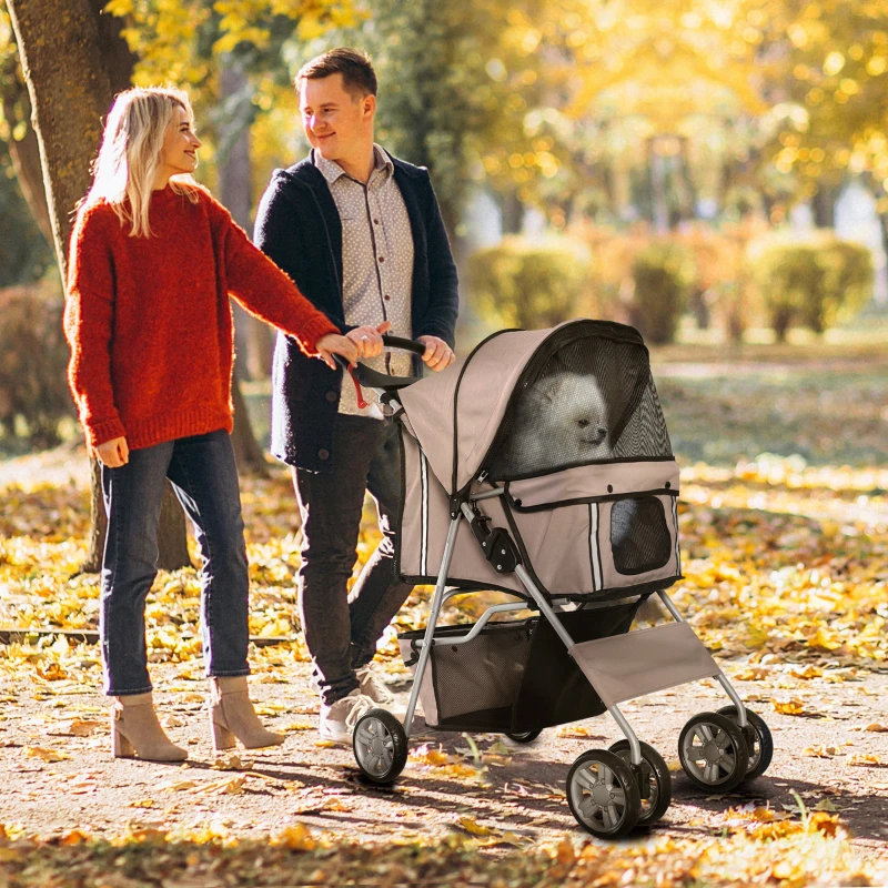 PawHut Poussette buggy pliable animaux chariot pliante chien chat porte-gobelet panier de rangement inclus roues avec frein tissu 600D Oxford acier 75 x 45 x 97 cm marron
