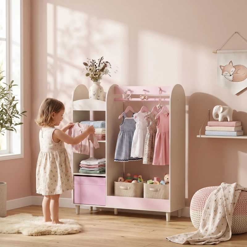 AIYAPLAY Kids Clothing Rack, Kids Wardrobe with Glowing Lights Mirror, Non-Woven Drawer and Shelves for Bedroom, Ages 3-8, Pink