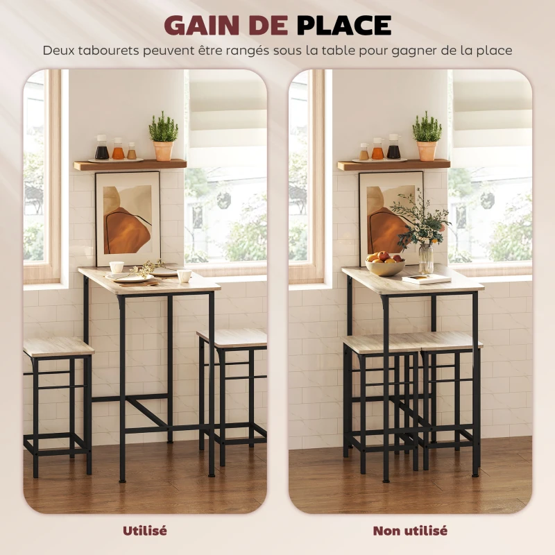 HOMCOM Ensemble table de bar avec 2 tabourets, cadre en acier pour cuisine, salle à manger et salon, effet bois naturel