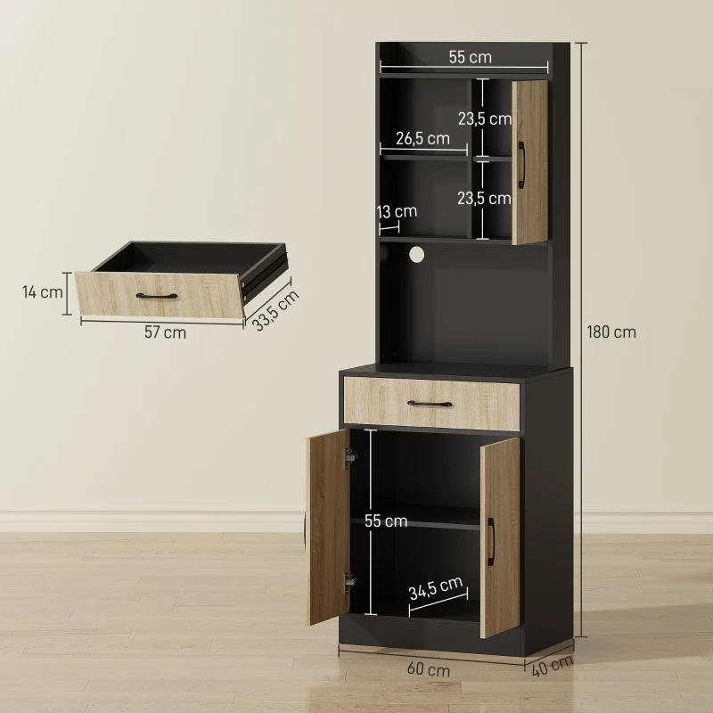 HOMCOM Keukenkast met werkblad en kabelopening, moderne keukencommode met lade, 3 open planken, naturel hout, zwart(m-3)