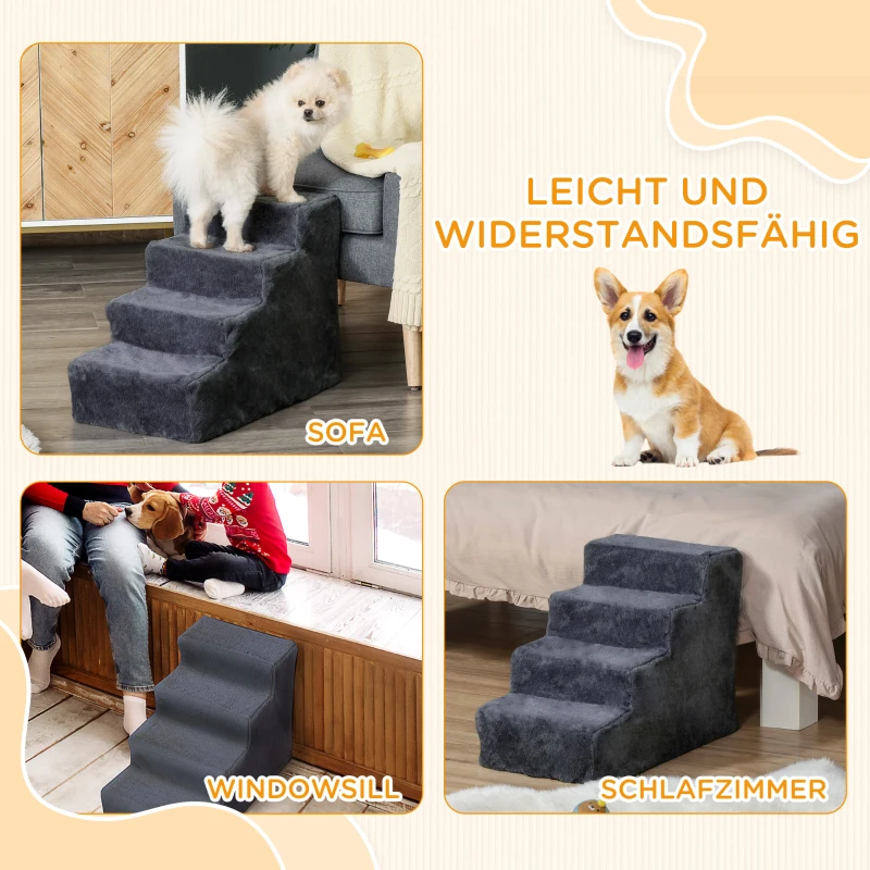 PawHut Hundetreppe 4-Stufig Abnehmbarer Bezug Für Kleine Hunde 44 cm Dunkelgrau
