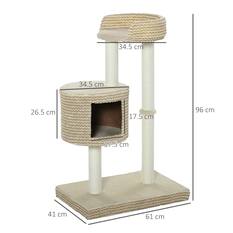 PawHut Albero Tiragraffi per Gatti Multi-livello, 2 Piattaforme, 1 Casetta e Corde in Juta, 61x41x96 cm, Beige