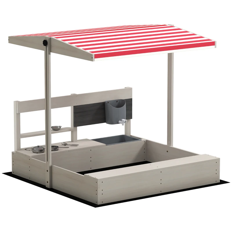 Outsunny Caixa de Areia de Madeira para Crianças com Teto Ajustável  Acessórios de Cozinha e Banco  114x110x110 cm Madeira