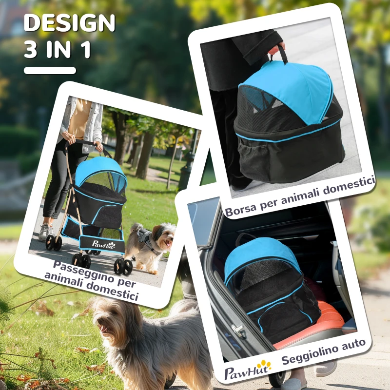 PawHut Passeggino per Cani Convertibile con 2 Guinzagli e Cuscino, in Acciaio e Poliestere, 82x49.5x98 cm, Azzurro e Nero