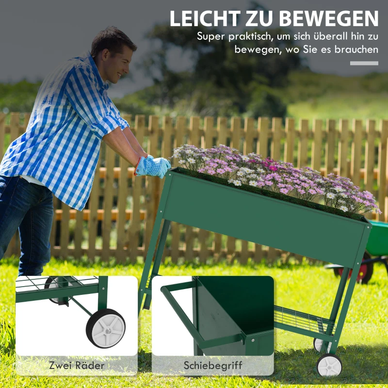 Outsunny Plantenbed Plantenbak, 1 Plank, 2 Wielen, 109 cm x 44 cm x 80 cm, Groen