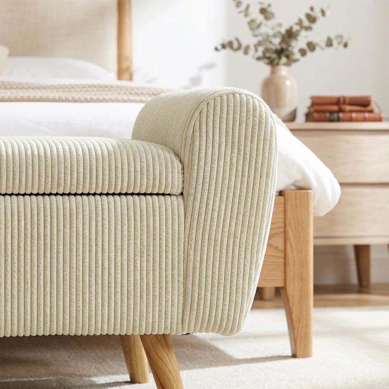 HOMCOM Opbergbank met Corduroy Bekleding, Houten Poten en Gerolde Armleuningen, Beige