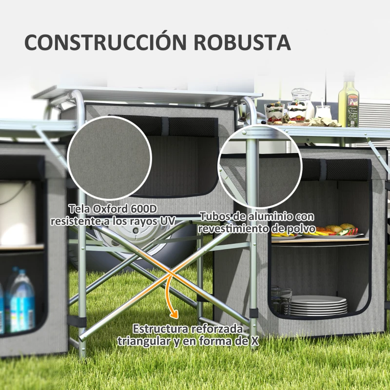 Outsunny Mueble de Cocina para Camping Plegable con 3 Mesas 4 Ganchos Poste de Luz y Bolsa de Transporte 172x48x130 cm Gris