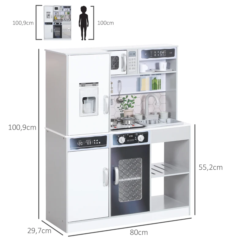 AIYAPLAY Kinderkeuken met Licht en Geluid, Fornuis, Stromend Water, Koffiemachine, Koelkast, Magnetron, Ijsblokjesmachine en Accessoires voor Kinderen van 3-8 Jaar, Wit