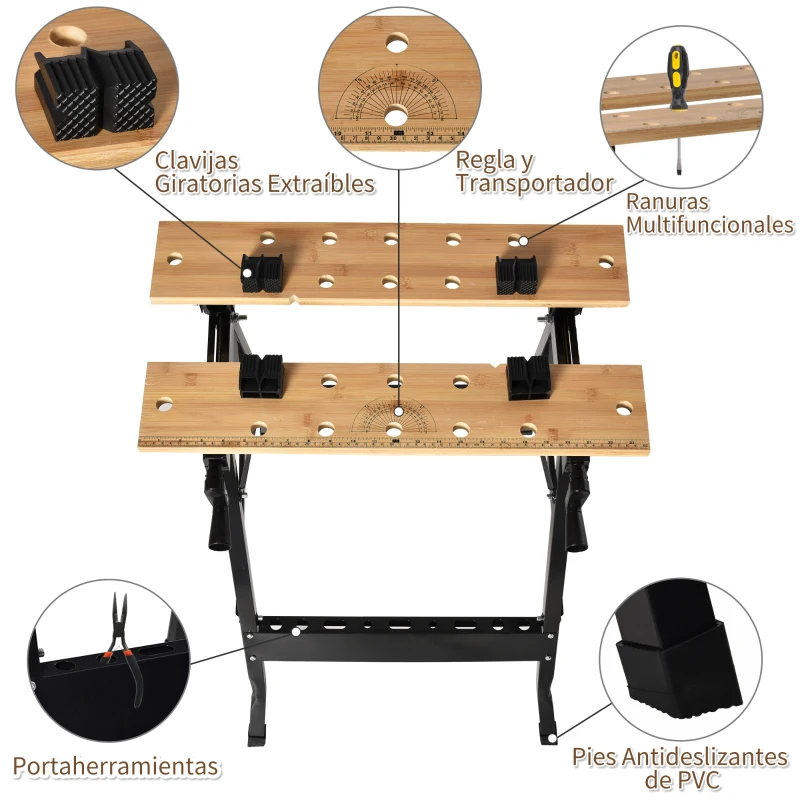 HOMCOM Banco de Trabajo Plegable Portátil con Tableros Ajustables Ángulo y Distancia 63,5x60,5x78 cm Madera Natural y Negro