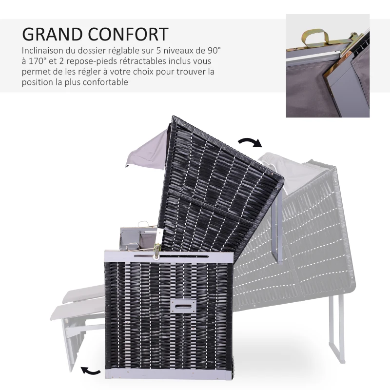 Outsunny Corbeille de plage 2 places pliable - Cabine chaise de plage inclinable - abri plage strandkorb - coussins, repose-pieds, tablettes, pare-soleil - bois résine tressée polyester gris