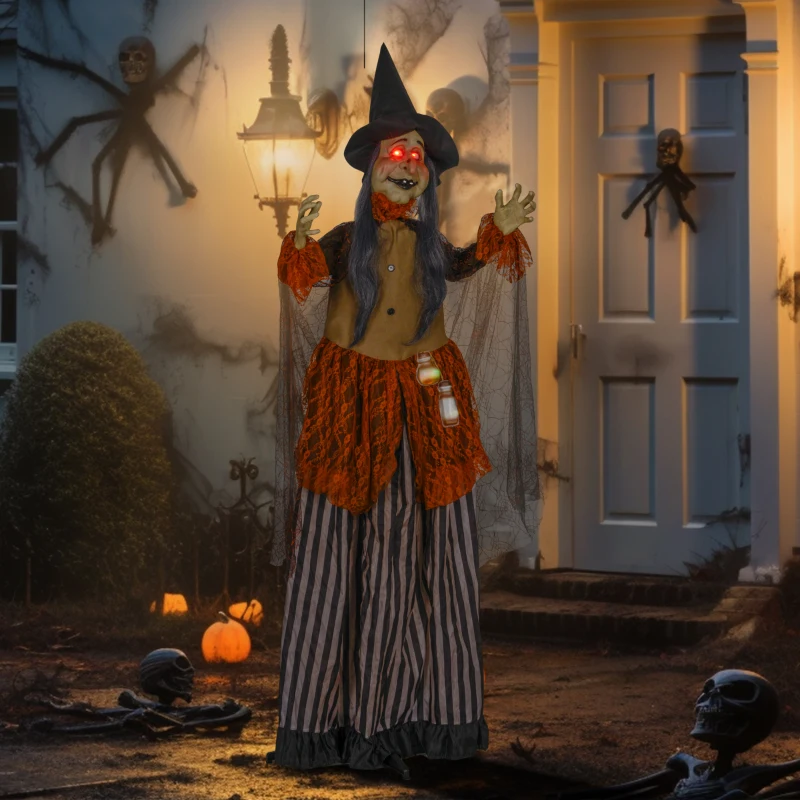 HOMCOM 183 cm Life Size Halloween Animated Standing Fat-Faced Witch with Red Light Up Eyes, Sound Activated Moving Arms & Head, Scary Witch Halloween Decorations, Battery Operated, Indoor Party Props