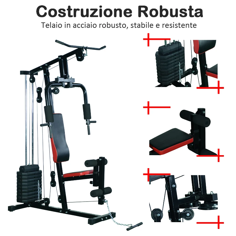 HOMCOM Panca per Allenamento Casa Palestra Multifunzione Professionale Addominali Gambe Pettorali in Acciaio Nero 125x106x205cm