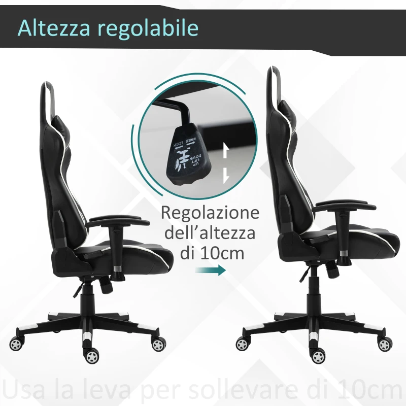 Vinsetto Poltrona da Gaming con Altezza Schienale Regolabile, Sedia Ufficio con Poggiatesta e Cuscino Lombare Nera e Bianca