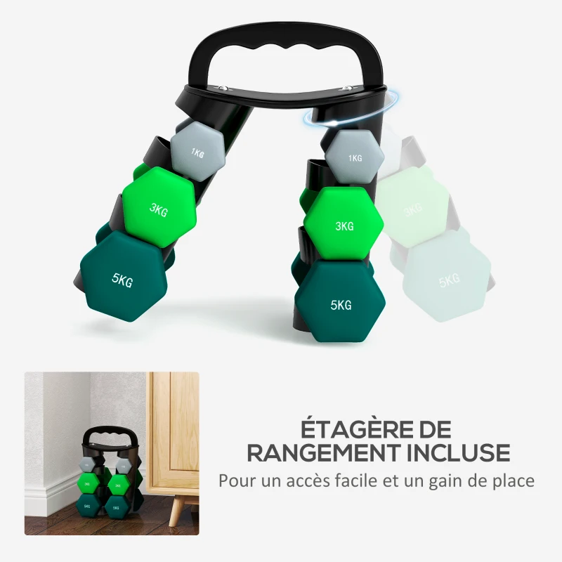 SPORTNOW Lot d'haltères hexagonaux, haltères musculation, 2 x 1 kg, 2 x 3 kg, 2 x 5 kg, avec support convertible d'haltères
