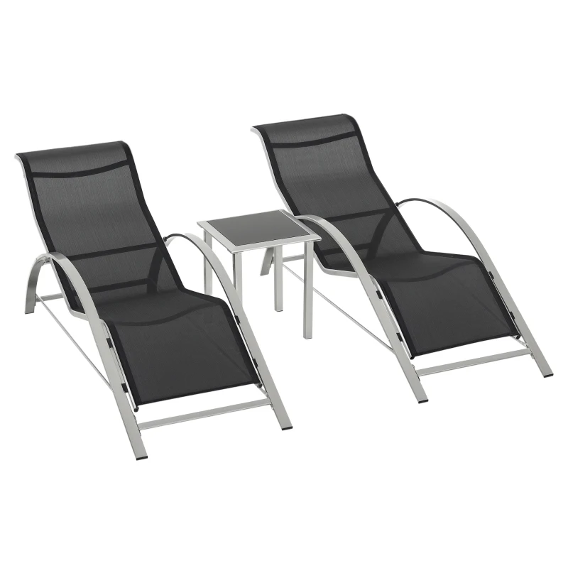 Outsunny Driedelig Ligstoel met tafel zitgroep voor in de tuin mesh metaal grijs