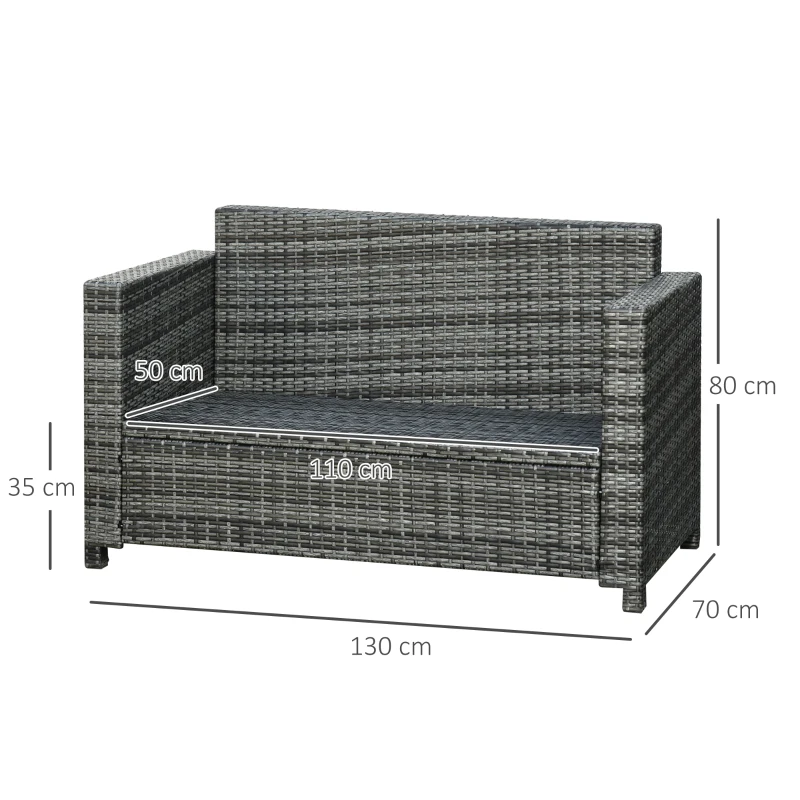 Outsunny Poly-rotan bank met kussens 2-zits loungebank tuin metaal polyester grijs