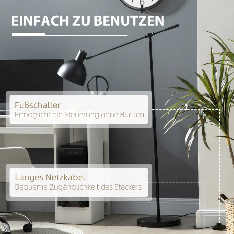 HOMCOM vloerlamp met industrieel design, in hoogte verstelbaar, vloerschakelaar; 30 m x 30 cm x 131 cm, zwart