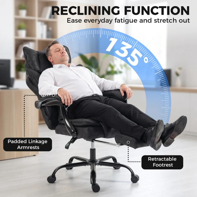 HOMCOM Executive Office Chair, Leathaire Big and Tall Office Chair 180 kg with Wide Seat, Reclining, Lumbar Support, Black
