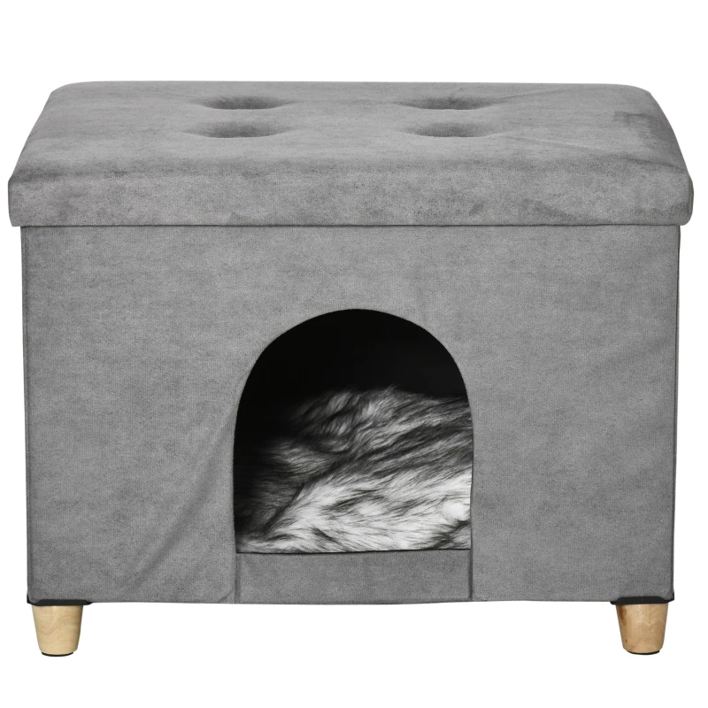 PawHut opvouwbaar kattenhuis en voetenbank, grijs, 60 x 45 x 44,5 cm