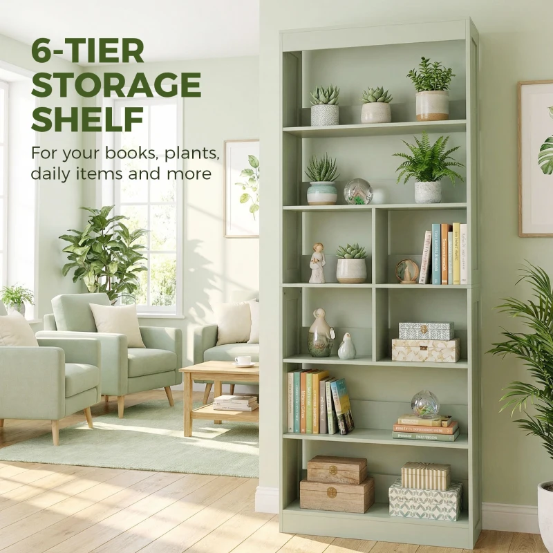 HOMCOM Bookcase, 6-Tier Bookshelf with Open Storage Shelves, Cubes, 180 cm Tall Display Shelf with Anti-Tipping Design, Green