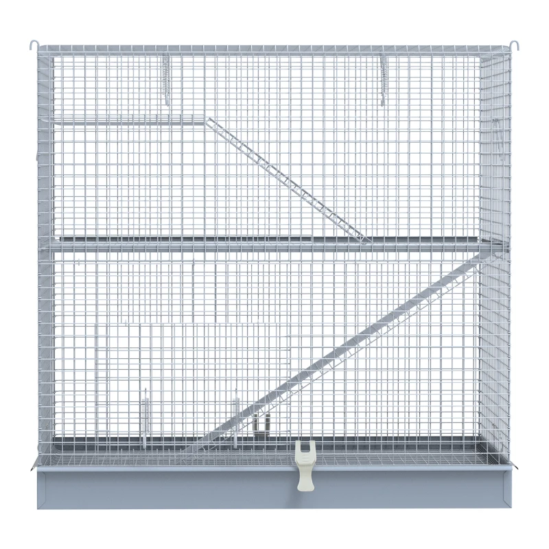 Pawhut 3-Level Metal Small Animal Cage Bunny Pet Hutch Ferret Platform Feeding Habitat Easy Clip Base Ladder Grey