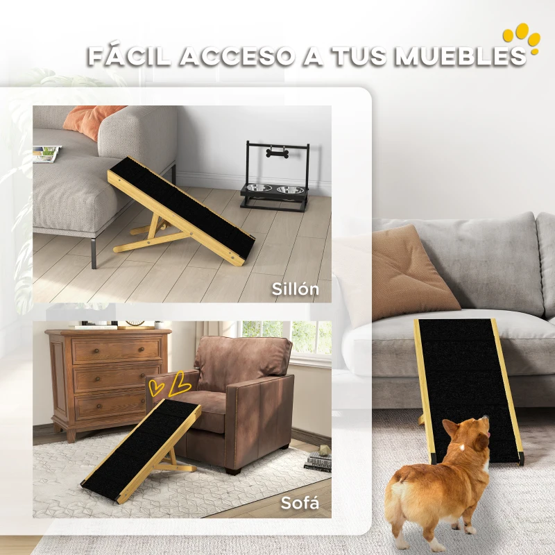PawHut Rampa para Mascotas de Madera con Altura Ajustable en 4 Niveles para Perros Pequeños y Medianos 83,5x35x47,5 cm Natural