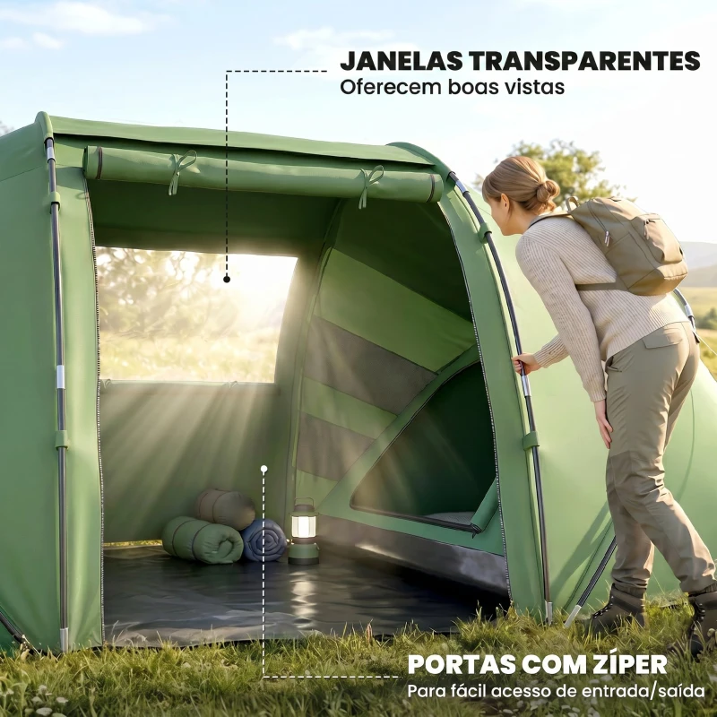 Outsunny Tenda de Campismo Familiar para 4 Pessoas Tenda Dobrável Impermeável para Praia Parque 430x240x170 cm Verde