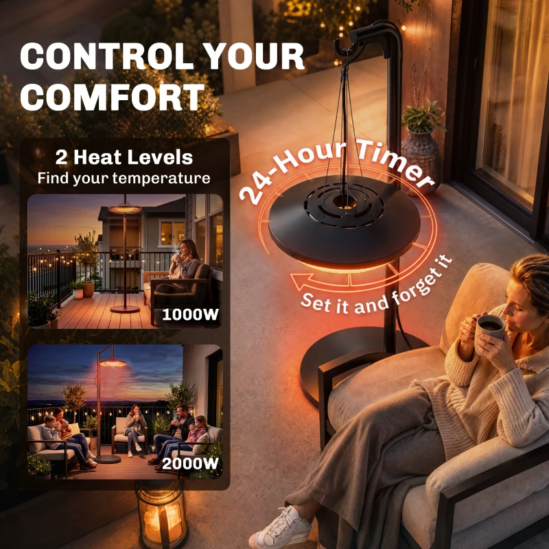 Outsunny Hanging Electric Patio Heater with LED Light, 1000/2000 W IP65 Outdoor Infrared Heater with Touch/Remote Control, Black