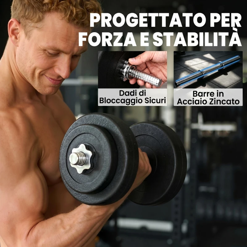 HOMCOM Set 12 Manubri Palestra da 50kg (8x5kg, 4x1.5kg), in Acciaio e Plastica PE, Nero