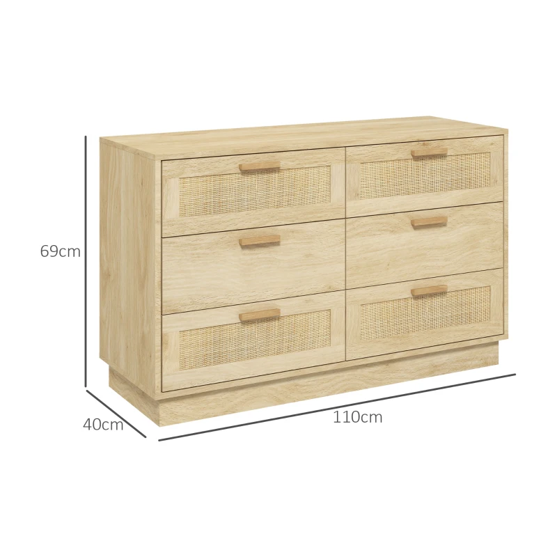 HOMCOM Cómoda para Quarto Cómoda de Madeira com 6 Gavetas de Vime Estilo Boêmio para Corredor Escritório 110x40x69 cm Carvalho