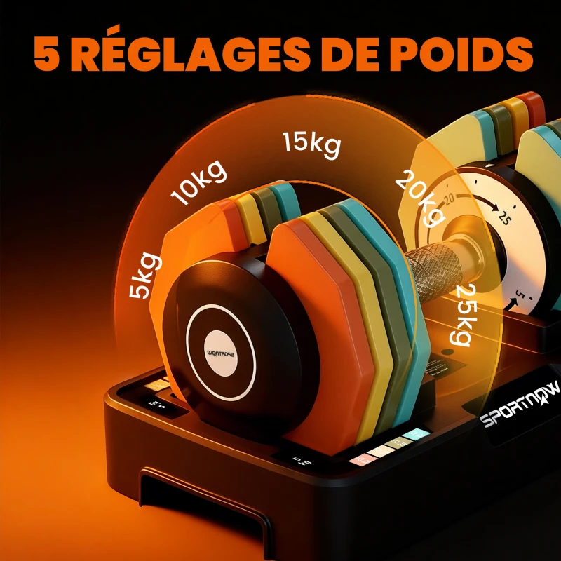 SPORTNOW Haltère réglable 5 à 25 kg avec base de rangement 5 niveaux de poids, poignée antidérapante disques d'haltères octogones