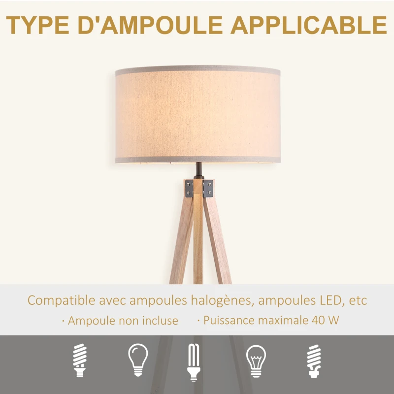HOMCOM Lampadaire trépied style scandinave 40 W max. dim. 45L x 45l x 152H cm bois de pin lin beige