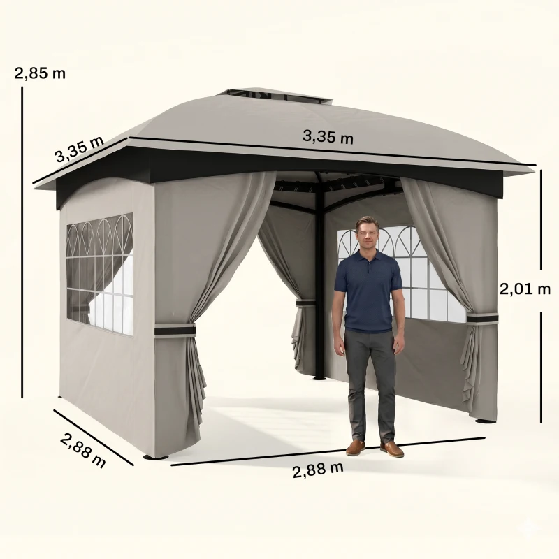 Outsunny 3,4 x 3,4 m Gartenpavillon, Bierzelt mit Lüftungsdach, Bogenfenstern, Stahlgestell, Hellgrau