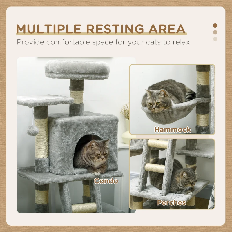 PawHut Cat Tree for Indoor Cats, Cat Tower with Scratching Post, Bed for Large Cats, Light Grey