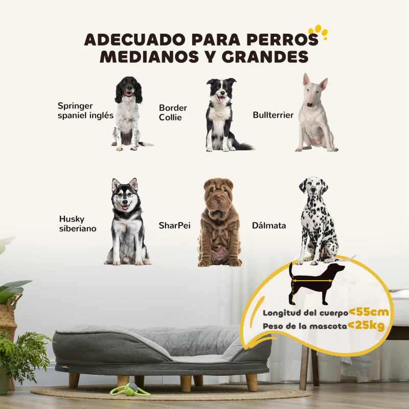 PawHut Sofá para Mascotas con Parte Superior Desmontable Funda Lavable y Patas de Madera Carga 25 kg 90x78x25 cm Gris