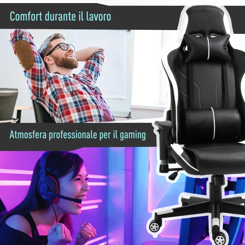 Vinsetto Poltrona da Gaming con Altezza Schienale Regolabile, Sedia Ufficio con Poggiatesta e Cuscino Lombare Nera e Bianca