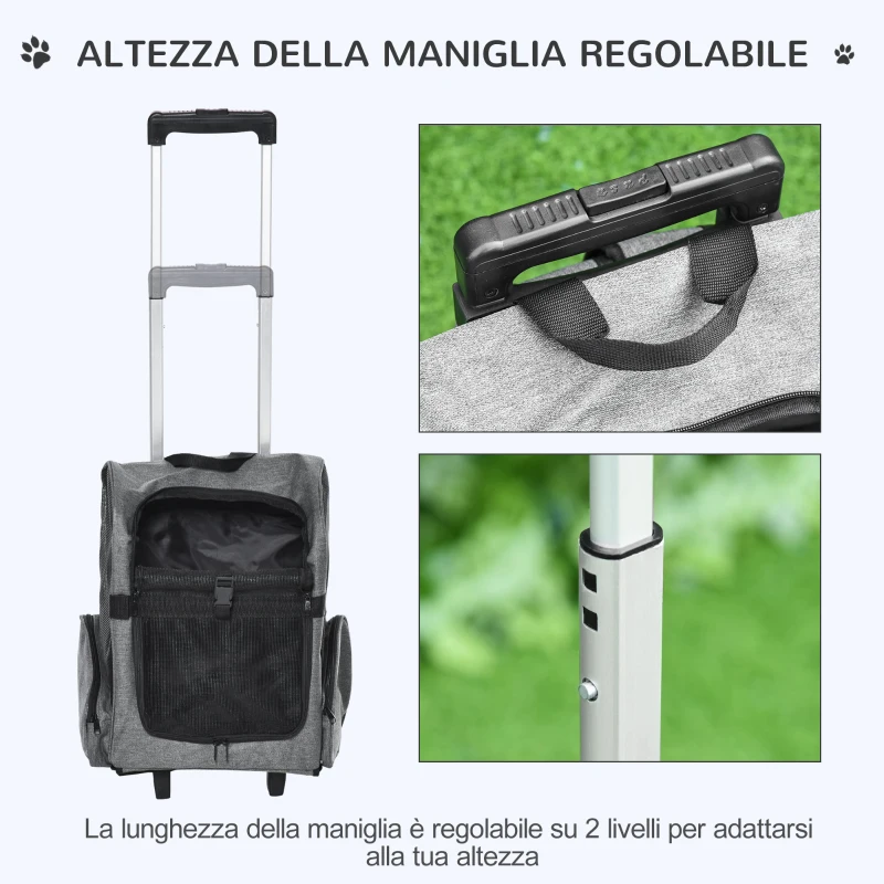 PawHut Trasportino Zaino  2 in 1 per Cani e Gatti con Tasche Laterali, Maniglia Telescopica e Ruote, 42x25x55cm, Grigio