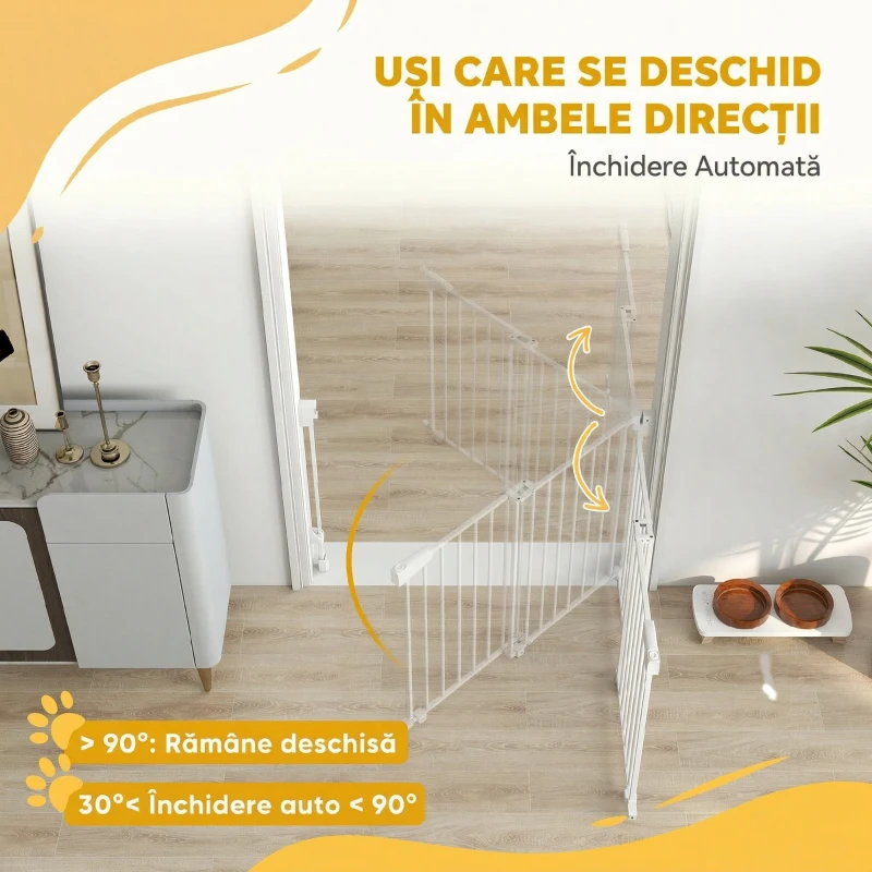 PawHut Poartă Animale 74,5-111,5 cm, Închidere Automată, Operabilă cu Mână, Montaj pe Perete, Alb