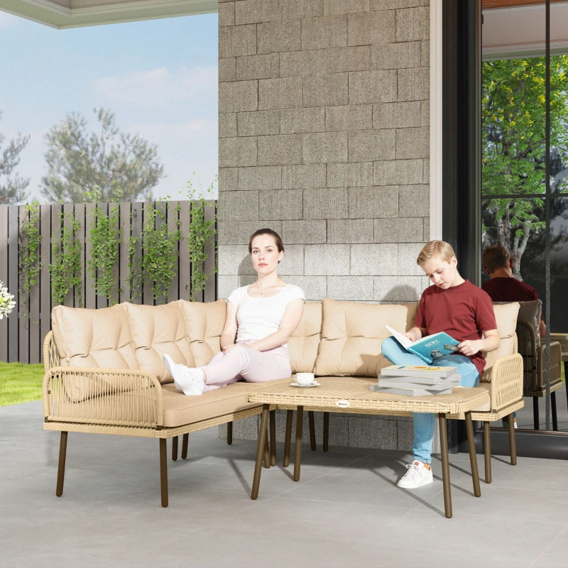 Outsunny Salotto da Giardino in Rattan 2 Divanetti e Poltrona Angolare con Cuscini, Tavolino in Vetro, Colore Legno
