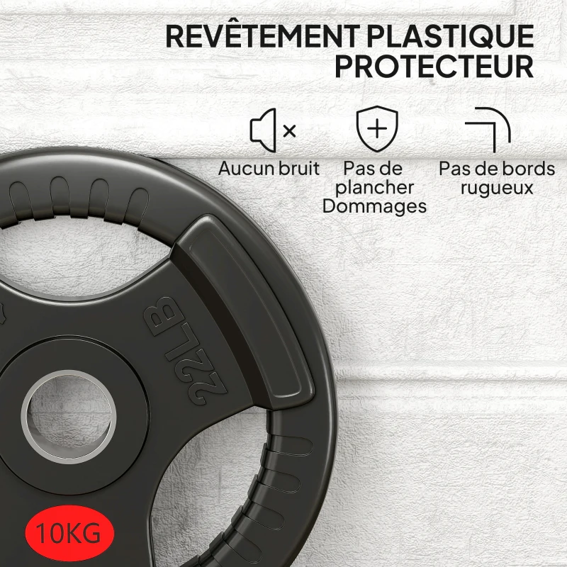 SPORTNOW Disques de Poids en Acier 20 kg, Finition PVC, Plaques de Poids 2 x 10 kg, 3 Poignées, Trous de Ø 50 mm, Noir