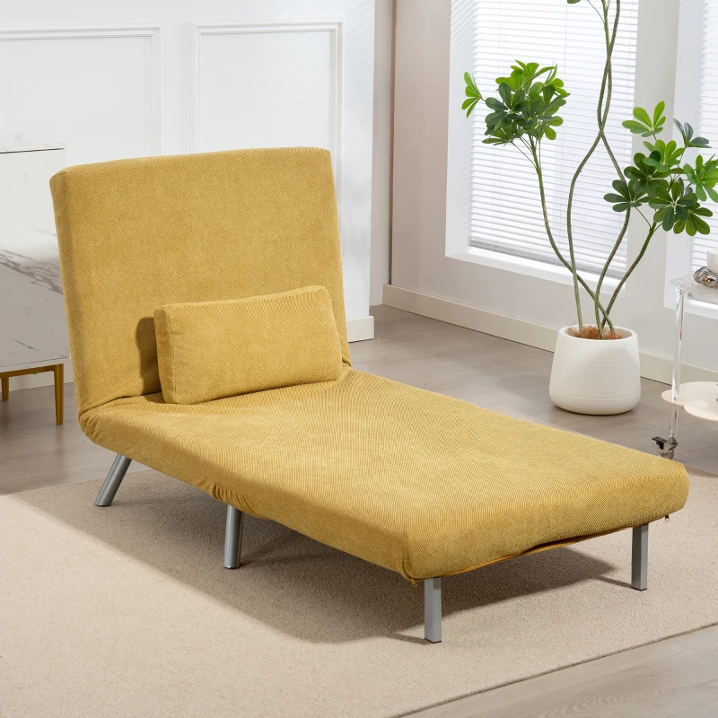 HOMCOM Sofá Cama de 1 Lugar Dobrável Estofado em Tecido Amarelo Mesclado com Encosto Ajustável em 5 Níveis 80x75x83 cm