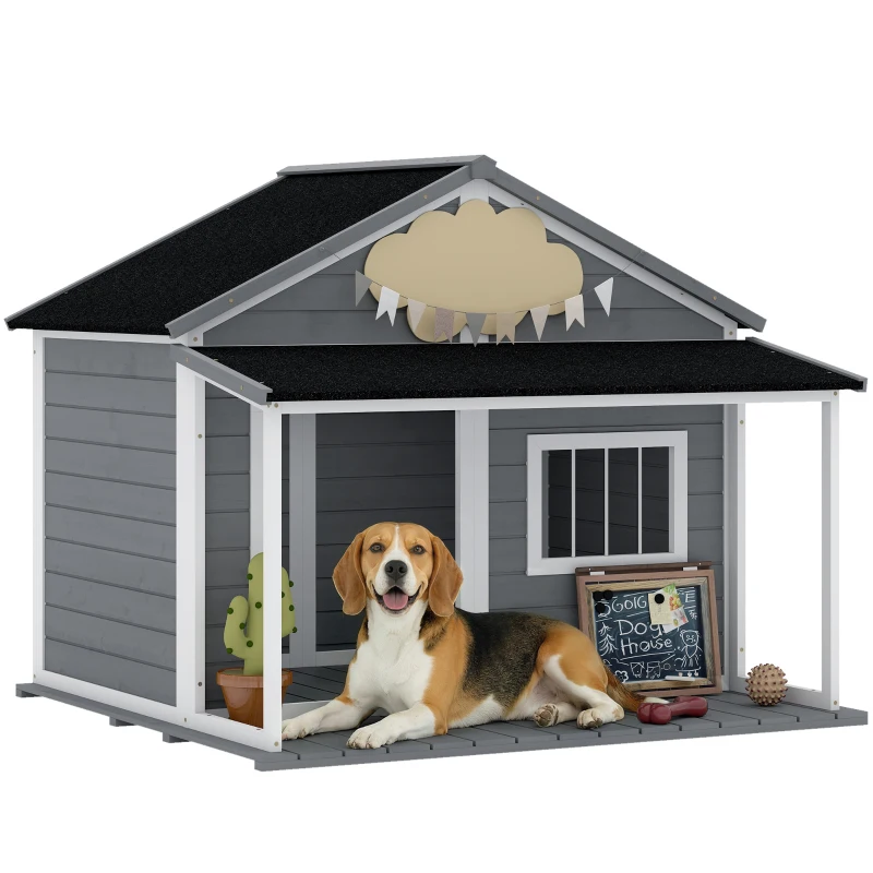 PawHut Hundehütte Outdoor-Hundehütte, inkl. Veranda, wetterbeständig, 124 cm x 112 cm x 105 cm, Grau + Weiß