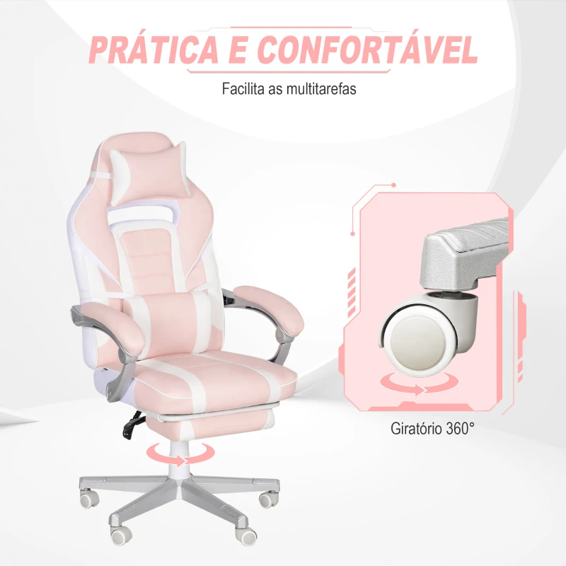 HOMCOM Cadeira Gaming Cadeira de Escritório Reclinável Apoio para os Pés Retrátil Suporte Lombar e Almofada para a Cabeça 63x63x115,5-123 cm Rosa